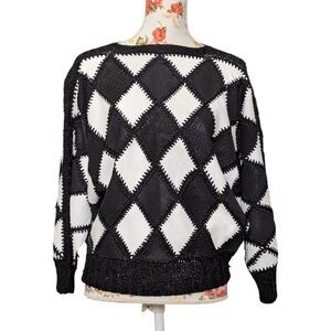 Harlequin Boat Neck Top Diamond Black White 3/4 Sleeve Knit Trim Statement Top